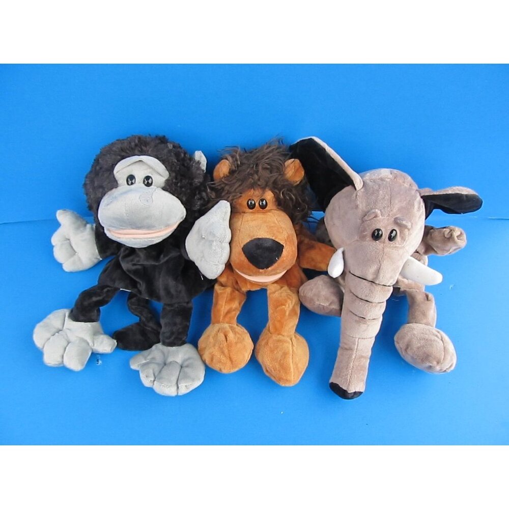 Unbranded 3 Stuffed Animal Hand Puppets - Elephant Lion & Gorilla Plush